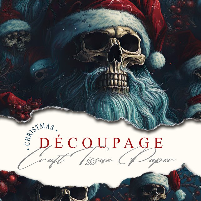 Dark Santa Skulls in Santa Hats Festive Decoupage Tissue Paper (Dark and Gothic Santa Skulls crafting with this Festive Gothic Decoupage Tissue Paper.)