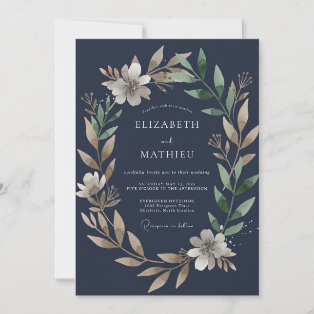 Dark Sapphire Leafy Wedding Invitation (Front)