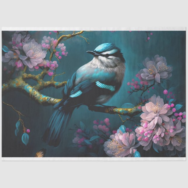Dark Sea Blue Bird Chinoiserie Cherry Blossoms Tissue Paper (Front)