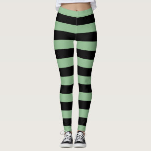 Dark Sea Green and Black Large Horizontal Stripes Leggings
