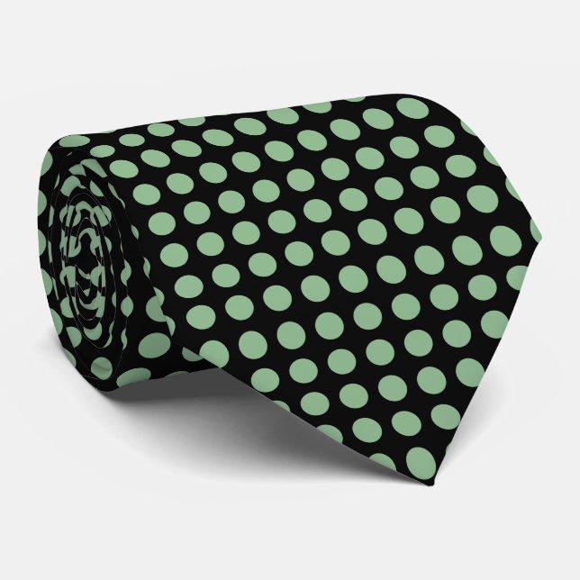 Dark Sea Green on Black Large Horiz. Polka Dots Tie (Rolled)
