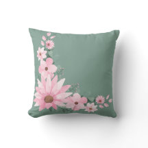 Dark Sea Green & Pink Floral Throw Pillow