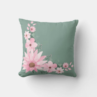 Dark Sea Green & Pink Floral Throw Pillow