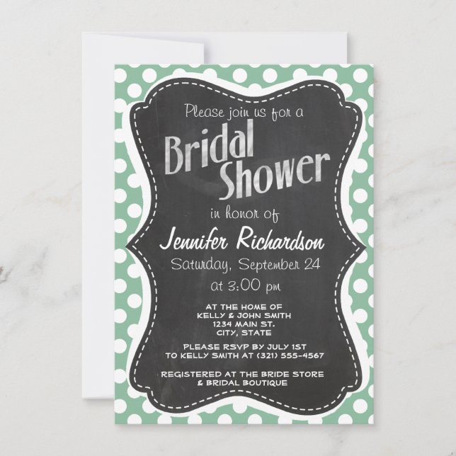 Dark Sea Green Polka Dots; Retro Chalkboard look Invitation (Front)