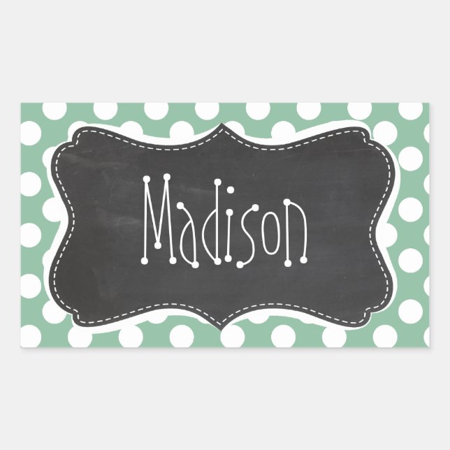 Dark Sea Green Polka Dots; Retro Chalkboard look Rectangular Sticker (Front)
