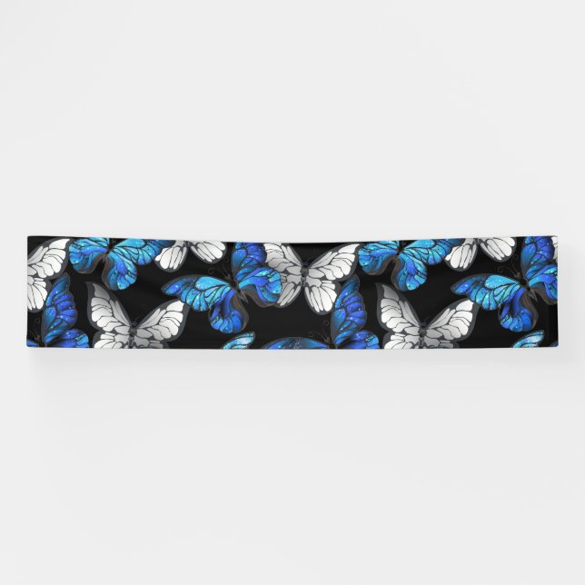 Dark Seamless Pattern with Blue Butterflies Morpho Banner (Horizontal)
