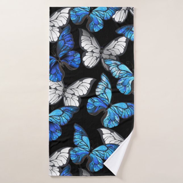 Dark Seamless Pattern with Blue Butterflies Morpho Bath Towel (Bath Towel)