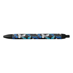Dark Seamless Pattern with Blue Butterflies Morpho Black Ink Pen
