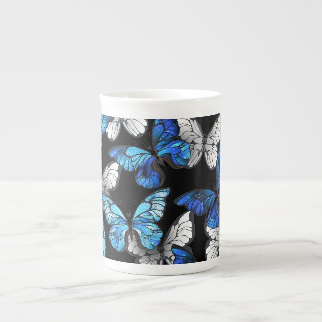 Dark Seamless Pattern with Blue Butterflies Morpho Bone China Mug (Front)