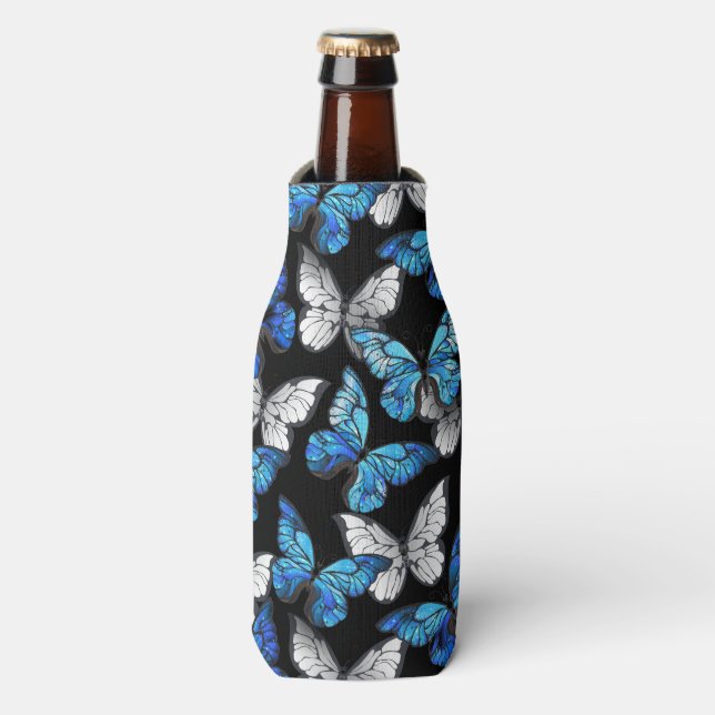 Dark Seamless Pattern with Blue Butterflies Morpho Bottle Cooler (Bottle Front)