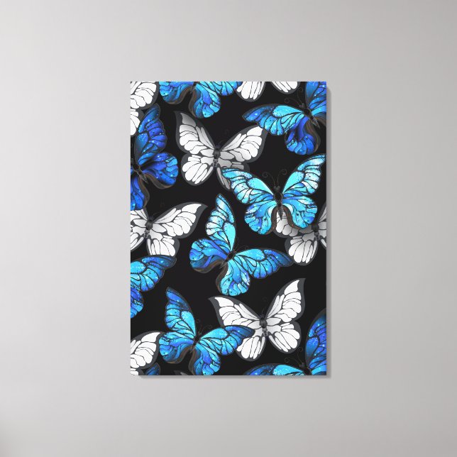 Dark Seamless Pattern with Blue Butterflies Morpho Canvas Print (Front)