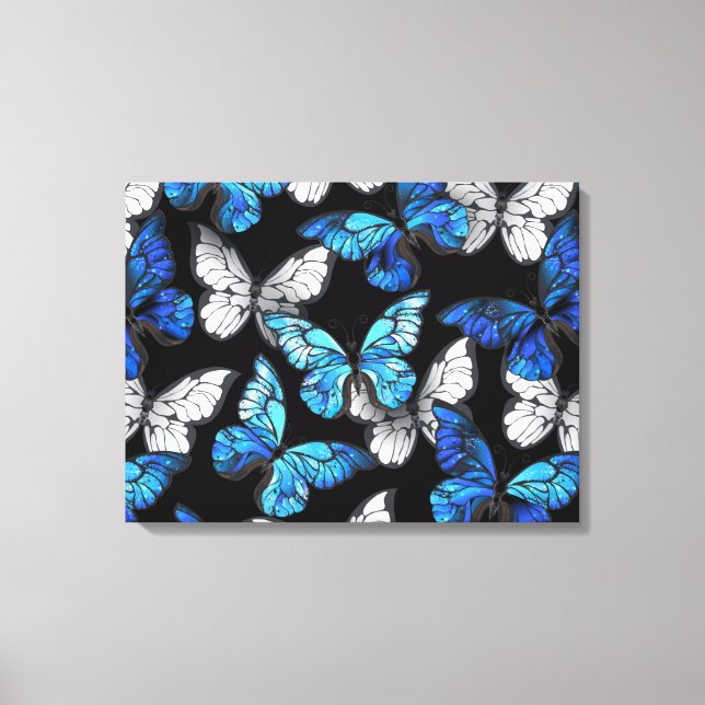 Dark Seamless Pattern with Blue Butterflies Morpho Canvas Print (Front)