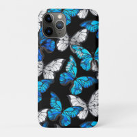 Dark Seamless Pattern with Blue Butterflies Morpho