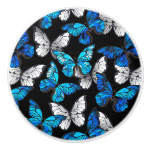 Dark Seamless Pattern with Blue Butterflies Morpho Ceramic Knob