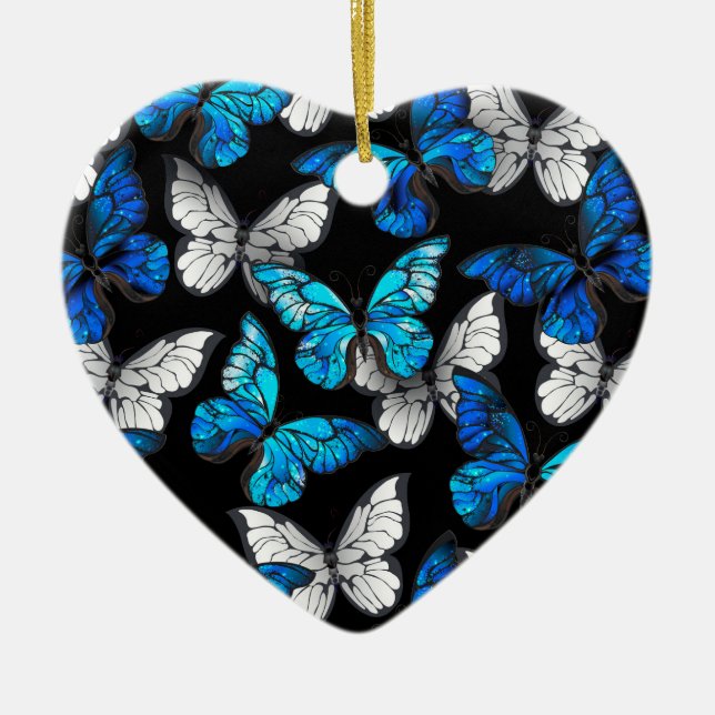 Dark Seamless Pattern with Blue Butterflies Morpho Ceramic Tree Decoration (Front)