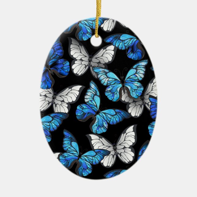 Dark Seamless Pattern with Blue Butterflies Morpho Ceramic Tree Decoration (Front)