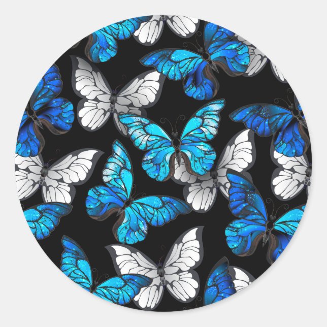 Dark Seamless Pattern with Blue Butterflies Morpho Classic Round Sticker (Front)