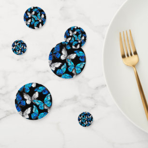 Dark Seamless Pattern with Blue Butterflies Morpho Confetti