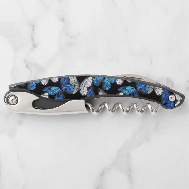 Dark Seamless Pattern with Blue Butterflies Morpho Corkscrew (Front)