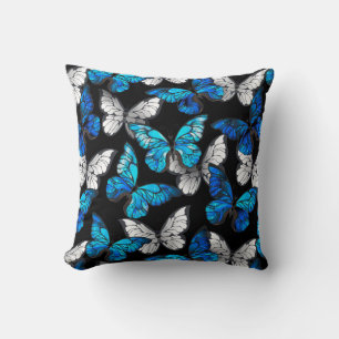 Dark Seamless Pattern with Blue Butterflies Morpho Cushion