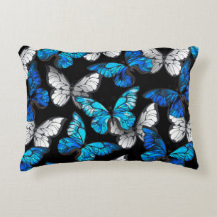 Dark Seamless Pattern with Blue Butterflies Morpho Decorative Cushion
