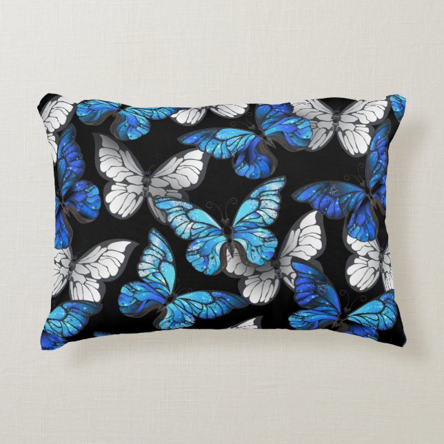 Dark Seamless Pattern with Blue Butterflies Morpho Decorative Cushion (Front)