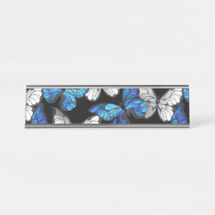 Dark Seamless Pattern with Blue Butterflies Morpho Desk Name Plate