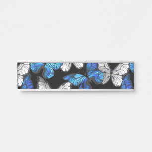 Dark Seamless Pattern with Blue Butterflies Morpho Door Sign