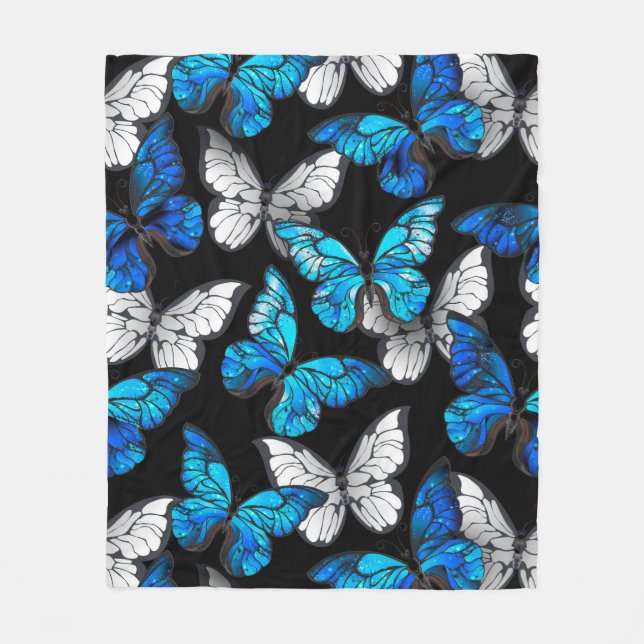 Dark Seamless Pattern with Blue Butterflies Morpho Fleece Blanket (Front)