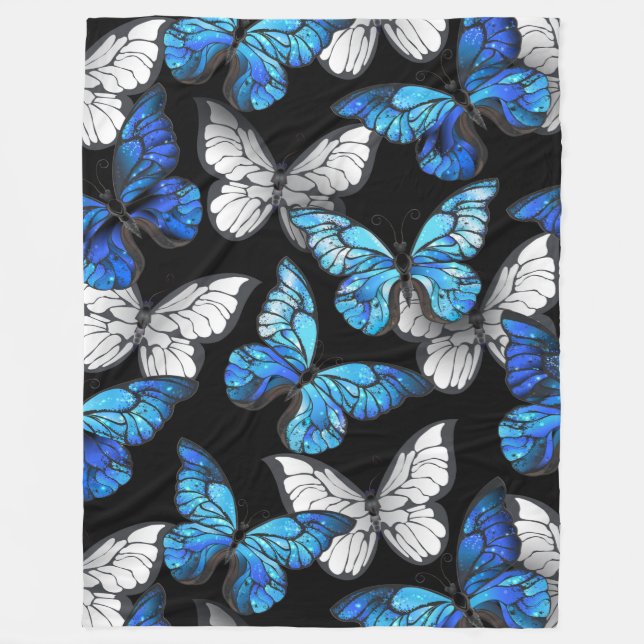 Dark Seamless Pattern with Blue Butterflies Morpho Fleece Blanket (Front)