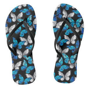 Dark Seamless Pattern with Blue Butterflies Morpho Flip Flops