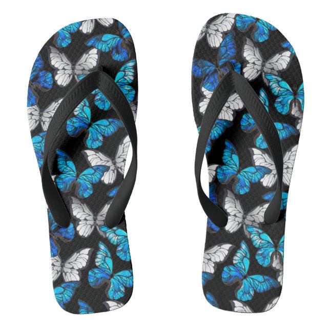 Dark Seamless Pattern with Blue Butterflies Morpho Flip Flops (Footbed)