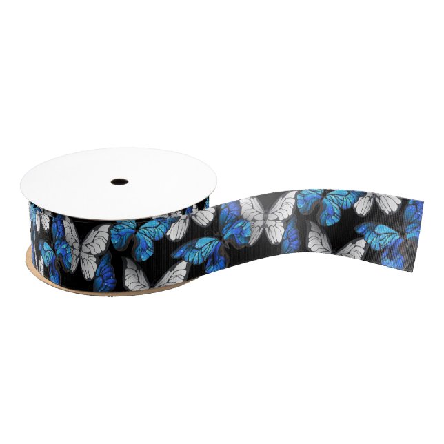 Dark Seamless Pattern with Blue Butterflies Morpho Grosgrain Ribbon (Spool)