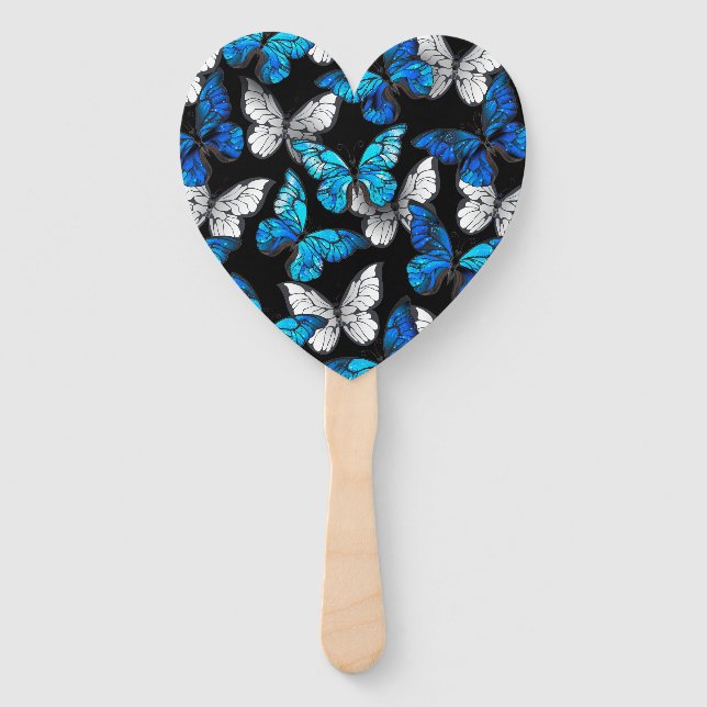 Dark Seamless Pattern with Blue Butterflies Morpho Hand Fan (Front)