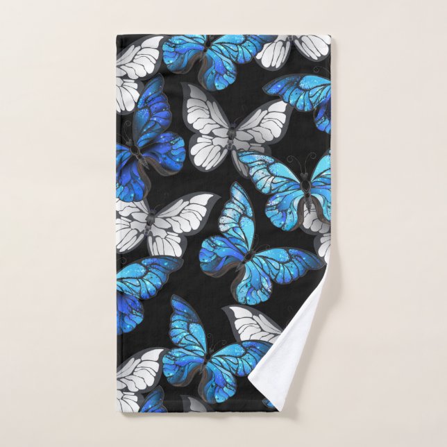 Dark Seamless Pattern with Blue Butterflies Morpho Hand Towel (Hand Towel)