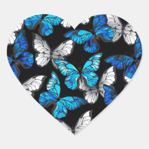 Dark Seamless Pattern with Blue Butterflies Morpho Heart Sticker