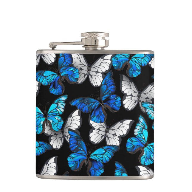 Dark Seamless Pattern with Blue Butterflies Morpho Hip Flask (Front)