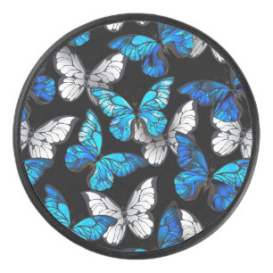 Dark Seamless Pattern with Blue Butterflies Morpho Hockey Puck