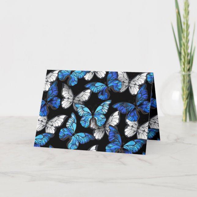 Dark Seamless Pattern with Blue Butterflies Morpho Holiday Card (Front)
