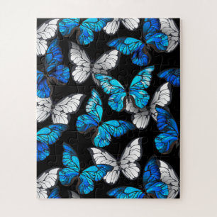 Dark Seamless Pattern with Blue Butterflies Morpho Jigsaw Puzzle