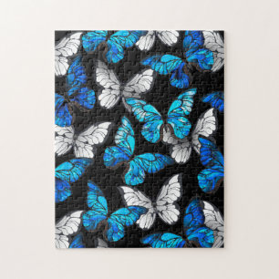 Dark Seamless Pattern with Blue Butterflies Morpho Jigsaw Puzzle