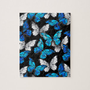 Dark Seamless Pattern with Blue Butterflies Morpho Jigsaw Puzzle