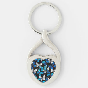 Dark Seamless Pattern with Blue Butterflies Morpho Key Ring