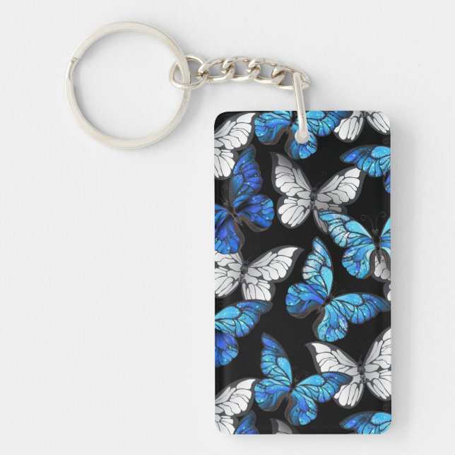 Dark Seamless Pattern with Blue Butterflies Morpho Key Ring (Front)