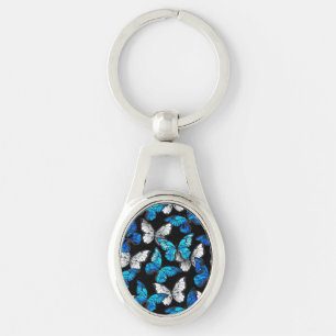 Dark Seamless Pattern with Blue Butterflies Morpho Key Ring