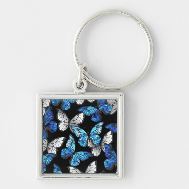 Dark Seamless Pattern with Blue Butterflies Morpho Key Ring (Front)