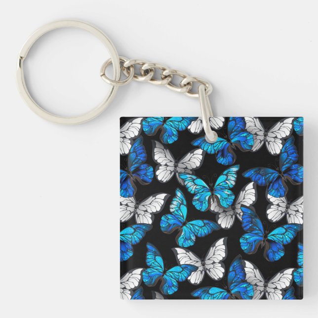Dark Seamless Pattern with Blue Butterflies Morpho Key Ring (Front)