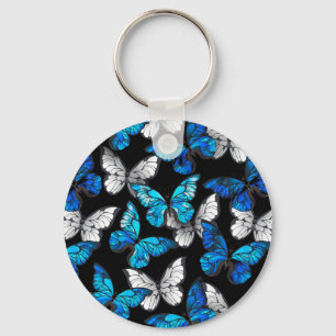 Dark Seamless Pattern with Blue Butterflies Morpho Key Ring