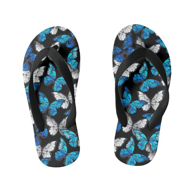 Dark Seamless Pattern with Blue Butterflies Morpho Kid's Flip Flops (Footbed)