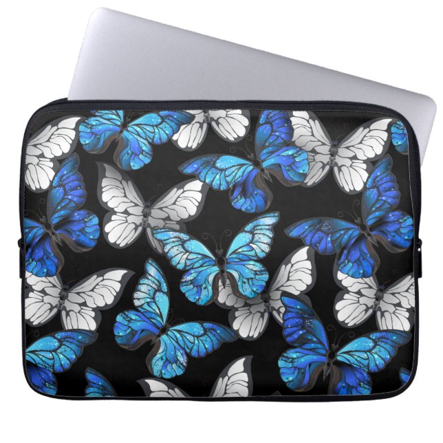 Dark Seamless Pattern with Blue Butterflies Morpho Laptop Sleeve (Front)